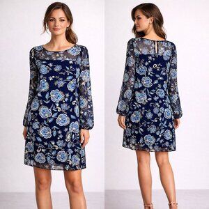 The Limited Navy Blue Sheer Floral Long Sleeve Shift Dress - Size 10